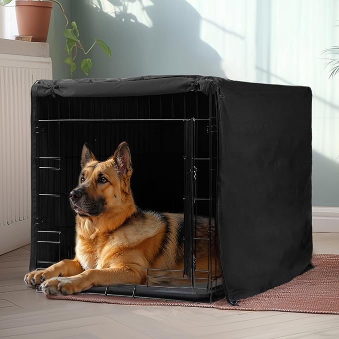 Veehoo 42 inch Dog Crate for Large Dogs with Three Doors & Cover-Metal Wire Dog Cage Kennels & Houses for Puppy&Cat, Indoor Outdoor Collapsible Metal Contour Dog Crate Kennels Kit with Removable Tray