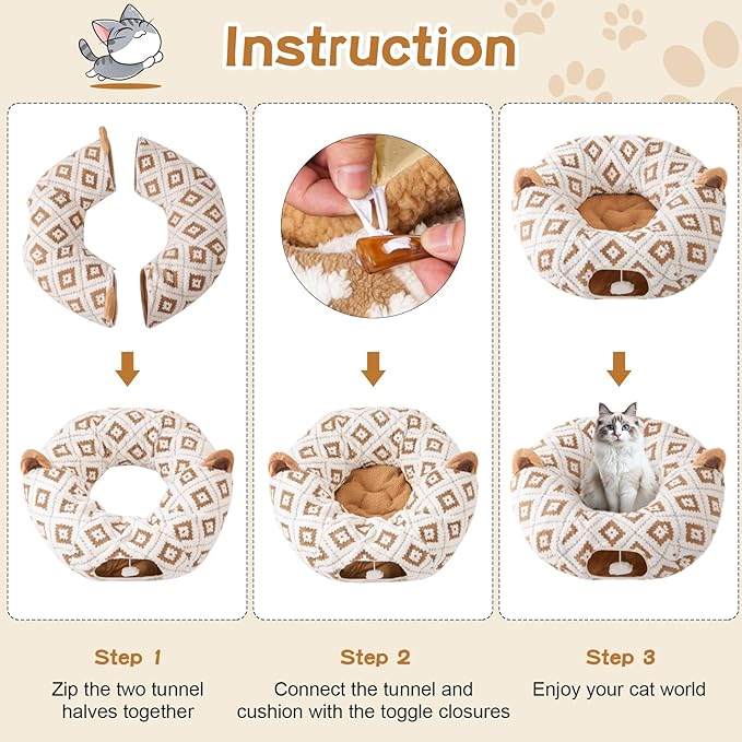 Cat Tunnel Bed for Indoor Cats, Cat Donut Tunnel with Washable Cushion, Peekaboo Cat Cave Toy, Multifunctional Playground Toys for Kittens, Rabbit, Brown Jacquard Pattern