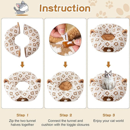 Cat Tunnel Bed for Indoor Cats, Cat Donut Tunnel with Washable Cushion, Peekaboo Cat Cave Toy, Multifunctional Playground Toys for Kittens, Rabbit, Brown Jacquard Pattern