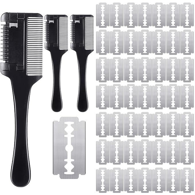 3 Pcs Pet Grooming Razor Comb with 50 Replacement Blades - Double Sided Hair Trimmer, Cutter and Scissors Tool for Dogs and Cats(Black)