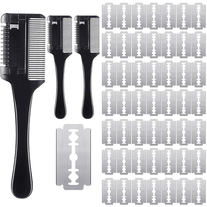 3 Pcs Pet Grooming Razor Comb with 50 Replacement Blades - Double Sided Hair Trimmer, Cutter and Scissors Tool for Dogs and Cats(Black)