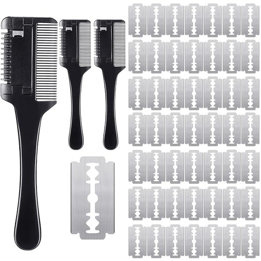 3 Pcs Pet Grooming Razor Comb with 50 Replacement Blades - Double Sided Hair Trimmer, Cutter and Scissors Tool for Dogs and Cats(Black)