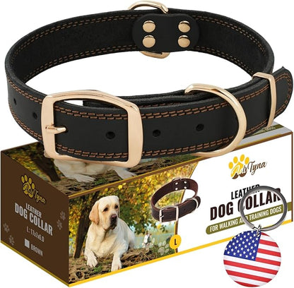 ADITYNA - Heavy Duty Leather Dog Collar for Large Dogs - Soft and Strong Leather Dog Collar for Walking and Training (Black - Gold Colored Buckle, Large: Fit 17" - 23" Neck)