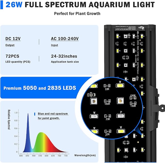 AQQA LED Aquarium Light, 24/7 Mode Clip on Fish Tank Light with Memory Function, DIY Mode Full Spectrum Aquarium Plant Light, Adjustable Timer/Brightness, IP68 Waterproof for 24-32 Inch Fish Tank 26W