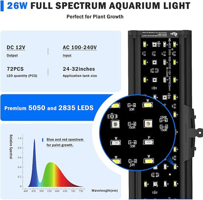 AQQA LED Aquarium Light, 24/7 Mode Clip on Fish Tank Light with Memory Function, DIY Mode Full Spectrum Aquarium Plant Light, Adjustable Timer/Brightness, IP68 Waterproof for 24-32 Inch Fish Tank 26W