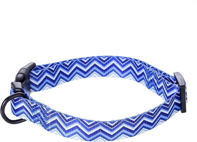 Mile High Life Dog Collar | Cute Puppy Collars | Lightweight Girl Dog Collar | Soft Boy Dog Collars | w Geometric Ocean Wavy Pattern (Blue, Medium)