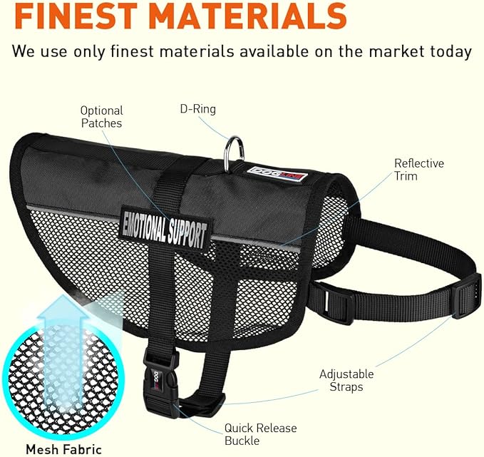 Dogline 13"-16" MaxAire Mesh Vest for Dogs and 2 Removable Emotional Support Patches, Small, Black