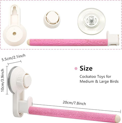 2Pcs Suction Cup Bird Perch,Wooden Parrot Window/Mirror/Car/Travel/Shower Perches Stand Quartz Portable Parakeet Grinding Stick Training Toys for Small and Medium Birds(Pink)