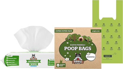Pogi's 900 Unscented Dog Poop Bags w/Handles and 100 Plant-based Grooming Wipes Bundle