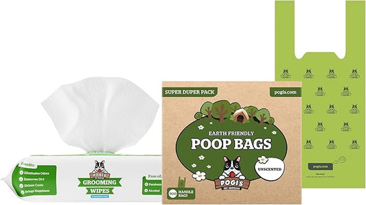 Pogi's 900 Unscented Dog Poop Bags w/Handles and 100 Plant-based Grooming Wipes Bundle