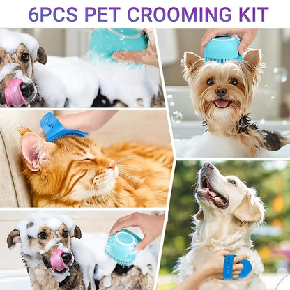 6PCS Dog Bath Brush - Dog Shampoo Brush & Scrubber for Bath - Dog Bath Brush - Dog Shower/Washing Brush with Adjustable Ring Handle for Short & Long Hair - Grooming Brushes for Sheddin