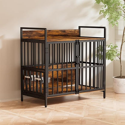 Large Dog Crate Furniture, with 360° Adjustable Elevated Feeder, Heavy Dog Furniture, Indoor Decorative Dog Kennel, Sturdy Metal Construction, 38" W_21" D_36" H, Rustic Brown Finish