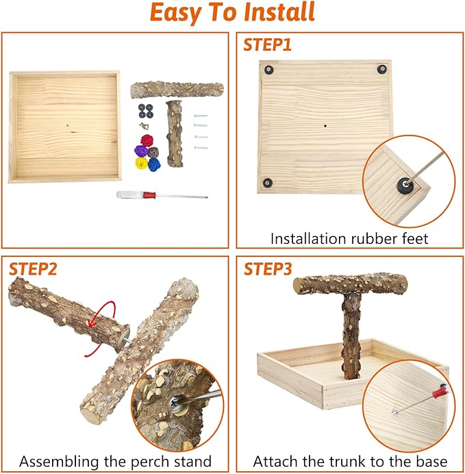 BNOSDM Portable Bird Perch Stand with Potty Tray, Natural Wood Tabletop Training Gym Parrot Playground Toy for Budgies, Cockatiels, Lovebirds,Conures