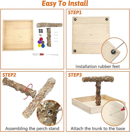 BNOSDM Portable Bird Perch Stand with Potty Tray, Natural Wood Tabletop Training Gym Parrot Playground Toy for Budgies, Cockatiels, Lovebirds,Conures