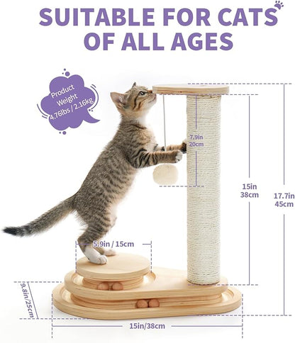 Made4Pets Cat Scratching Post Cat Scratcher Kitten Toys for Indoor Cats Wooden Ball Track Two-Layer Modern Sisal 17.7" Tall Scratch Post Interactive Toy with Dangling Ball
