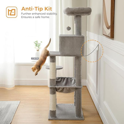 Cat Tree for Large Cats Adult with Metal Plush Big Hammock, 56.3" Cat Tower with 2 Door Condo House, 6-Tier Cat Shelves with Scratching Posts and Large Top Perch, Gray