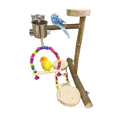 Natural Wood Bird Perch Playground for Outside the Cage Wall, Bird Platform and Play Area for Small to Medium Parrots like Cockatiels, Conures, Parrotlets, Lovebirds, and Budgies, Bird Cage Accessory