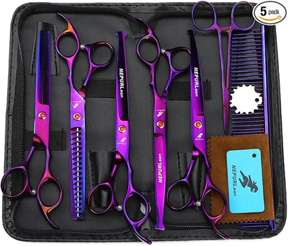 7.0" Dog Scissors Pet Grooming Kit Round-tip Safety Scissors Fishbone Teeth Shears with Forceps Hairdressing Hair Styling Tool Gift Set 5 Pieces (Purple)