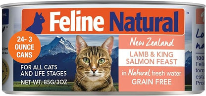 Feline Natural Wet Cat Food Pate, Lamb & King Salmon Feast, 3 Oz Cans (Pack of 24), Grain Free, Made in New Zealand with Grass-Fed, Free-Range Lamb and Sustainably Caught King Salmon