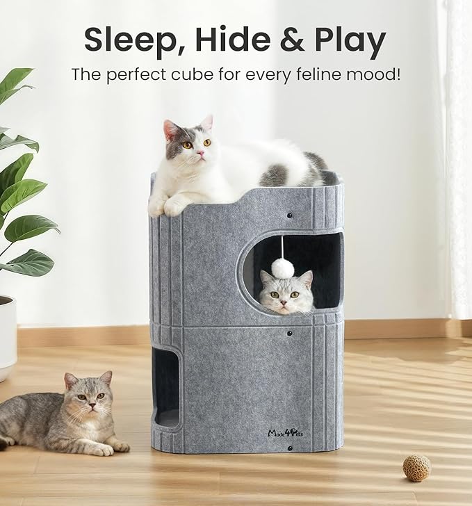 Made4Pets Cat House for Indoor Use, 2-Storey Cube Bed Cave, Covered Hideaway Condo with Scratch-Resistant Felt, Foldable Easy-to-Clean Design for Multi-Cat Homes, Grey