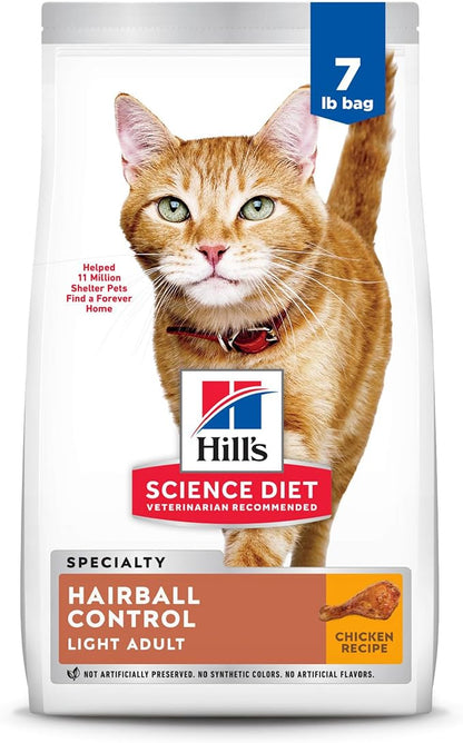 Hill's Science Diet Hairball Control Light, Adult 1-6, Weight Management & Hairball Control Support, Dry Cat Food, Chicken Recipe, 7 lb Bag