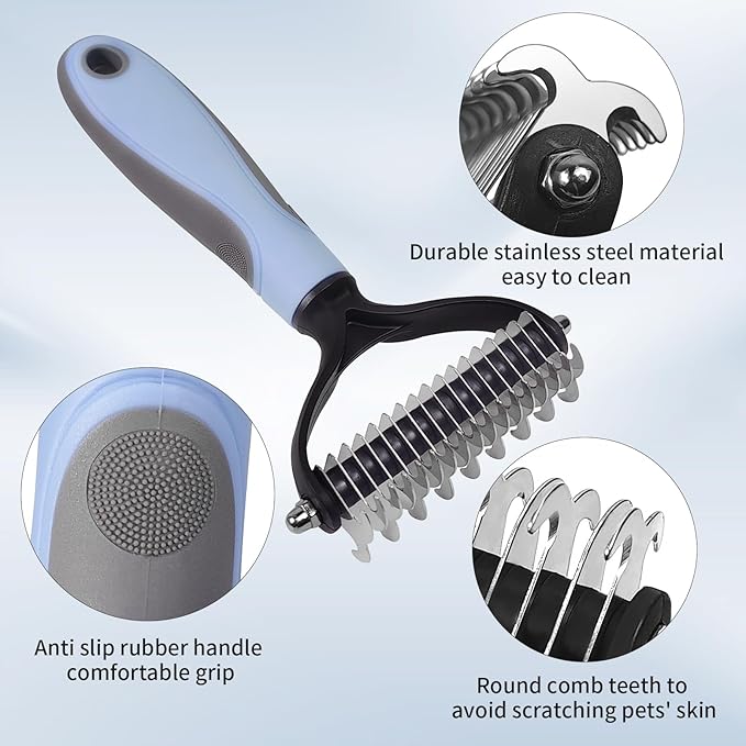Pet Deshedding Tool - Double-Sided Undercoat Rake for Dogs and Cats - Safe and Effective for Removing Mats and Hairballs - Say Goodbye to Annoying Shedding and Flying Fur