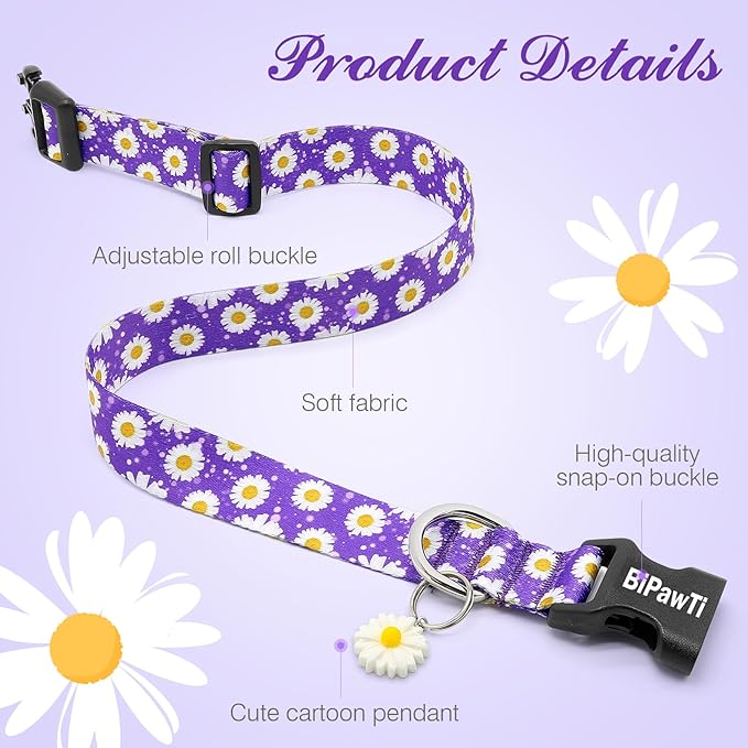 BiPawTi Floral Dog Collars for Large Dog - Soft Cute Dog Collars for Girls Dog Pretty Flower Collar with Daisies Charms, Gift for Female Male Boys Girls Dogs (XL, Purple)