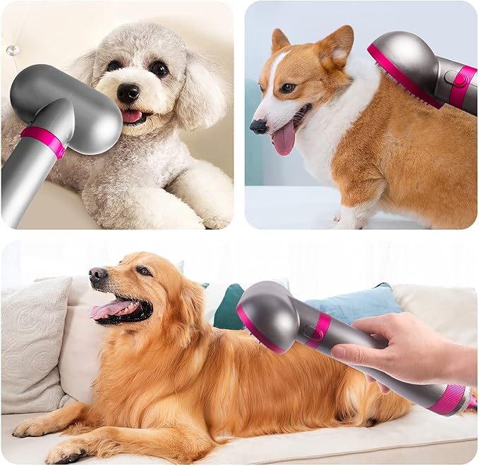 Dog Hair Dryer, 2-in-1 Dog Hair Blower with Brush, 3-Modes Blow Professional Home Grooming Drying for Small Large Cat Pet Puppy Rose