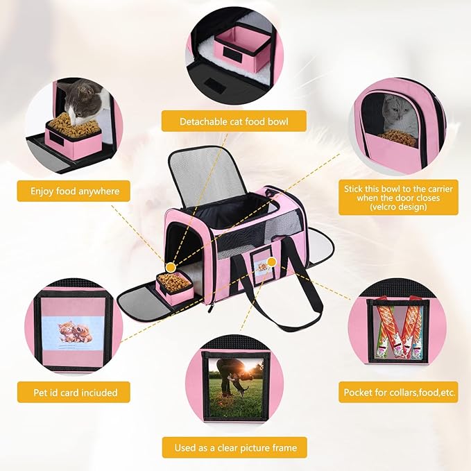 Cat Carrier Soft Side Dog Carrier for Cat Puppy, Collapsible Travel Pet Carrier, TSA Airline Approved Cat Carrier for Kitten Dogs15 lbs,Pink