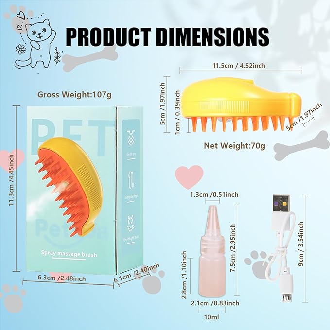 3 in 1 Water Brush with Steam for Pet Grooming - Dog and Cat Grooming Brush with Steam, Cepillo Para Gatos ALD-001-Y (Banana Yellow)