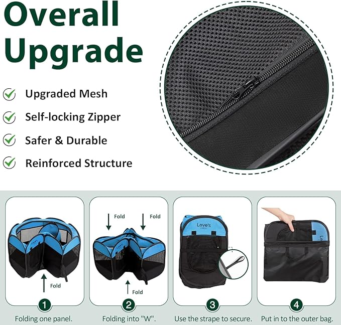 Love's cabin Pet Puppy Dog Playpen, Large Dog Tent Crates Cage Indoor/Outdoor, Portable Playpen for Cat, Foldable Pop Up Dog Kennel Playpen with Carring Case, Removable Zipper Top, Blue