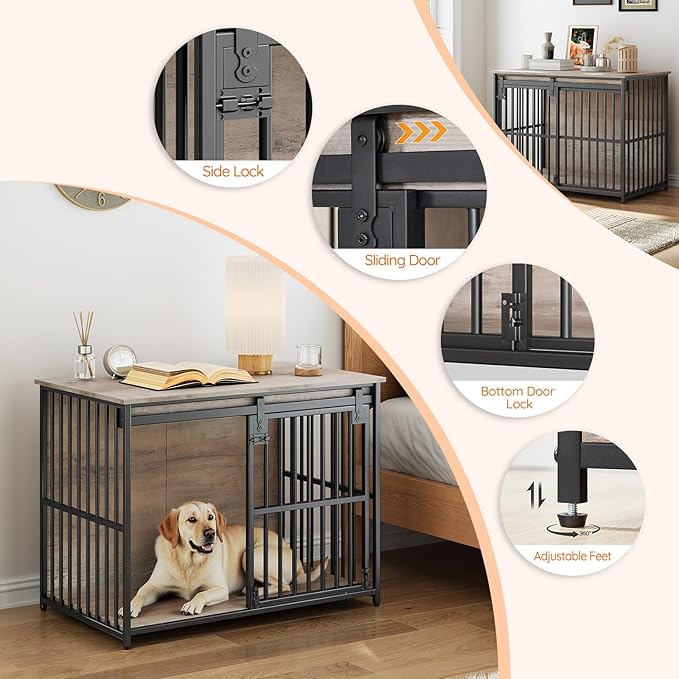 HOOBRO Dog Crate Furniture, 36.6" Heavy Duty Dog Kennel with Sliding Barn Door, Decorative Dog Crate Indoor, End Side Table for Small/Medium Dog, Greige and Black BG162GW03G1