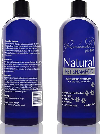 Dog Shampoo for Dry and Itchy Skin Made in The USA by Rockwell Pets Pro (16 fl oz) ideal paw cleaner for dogs with Aloe Vera Argan Oil Natural Willow Meadowsweet Chaparral and Olive Extracts