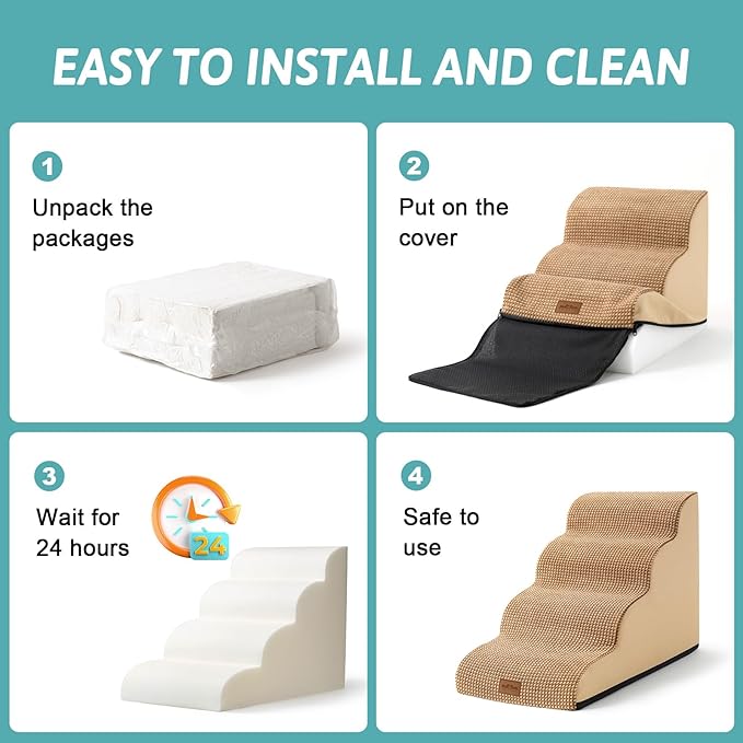 Dog Stairs for Small Dogs 19.7" H, Pet Step with Leakproof Cover, High Density Foam Cat Ramp for Bed, Couch or Sofa, Lightweight, Durable, Comfort, 15.7x28.3x19.7 inch, 4 Tiers, Light Brown