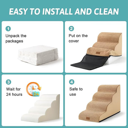 Dog Stairs for Small Dogs 19.7" H, Pet Step with Leakproof Cover, High Density Foam Cat Ramp for Bed, Couch or Sofa, Lightweight, Durable, Comfort, 15.7x28.3x19.7 inch, 4 Tiers, Light Brown