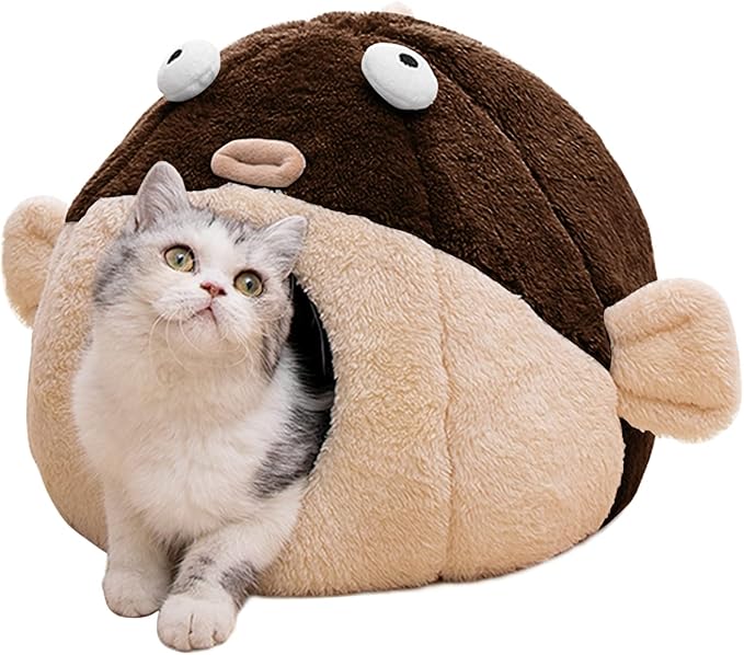 Cat Beds for Indoor Cats - Cat Bed Cave with Removable Washable Cushioned Pillow, Soft Plush Premium Cotton No Deformation Pet Bed, Lively Pufferfish cat House Design, Brown, Multiple Sizes