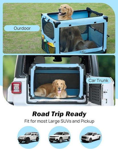JOYTUTUS Collapsible Dog Crate, 37 Inch Portable Pet Crate for Car, Travel Dog Kennel Foldable Dog Crate for Large Dog 70lbs, Soft Cat Carrier Fit for Indoor & Outdoor/Trunk (Blue)