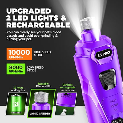 Dog Nail Grinder with 2 LED Lights Powerful 2 Speeds Super Quiet Dog Nail Trimmers with 3 Grinding Wheels Rechargeable Pet Dog Nail Clippers for Large Medium Puppy Dogs Dog Nail File Cat Nail Clipper