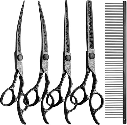 Dog Grooming Scissors,Black with Safety Round Tips,5 in 1 Curved Dog Scissors for Grooming,Professional Pet Grooming Shears Set for Dogs and Cats