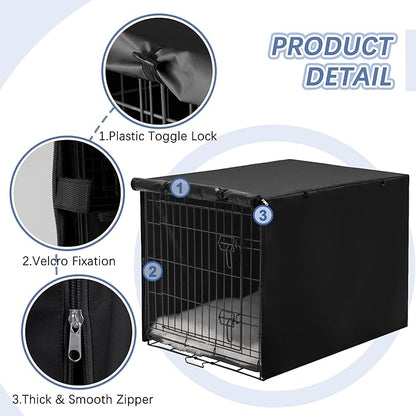 Akinerri Dog Crate Cover - Double Door Waterproof Pet Kennel Cover, Durable 600D Polyester Protective Cage Cover for 24/30/36/42/48 Inch Dog Crate - Black