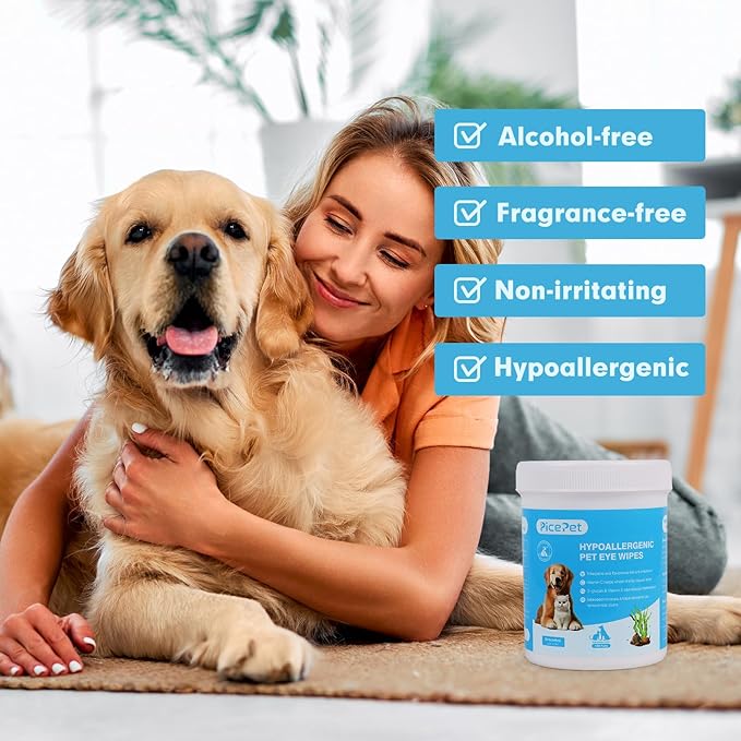 Hypoallergenic Eye Wipes for Dog & Cats, 100 Pcs Plant-Based Tear Stain Remover for Discharge, Crust, Allergies, Itching, Unscented, Double Layer, Made in PRC