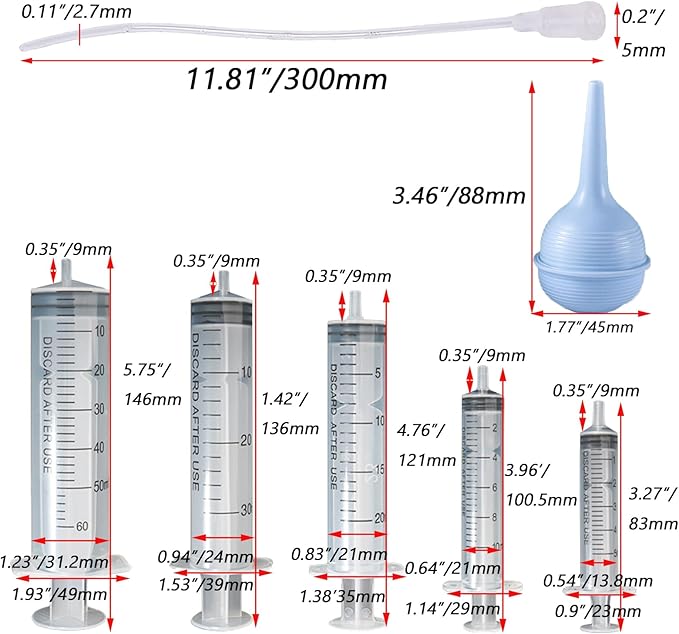 11 Pcs Puppy Kitten Feeding Tube Kit, Pet Feeding Supplies Kit Includes 5 Pcs Kitten Feeding Syringe 5 ML 10 ML 20 ML 30 ML 60 ML 5 Pcs 8 FR Transparently Feeding Tubes, Bulb Syringe for Small Animals