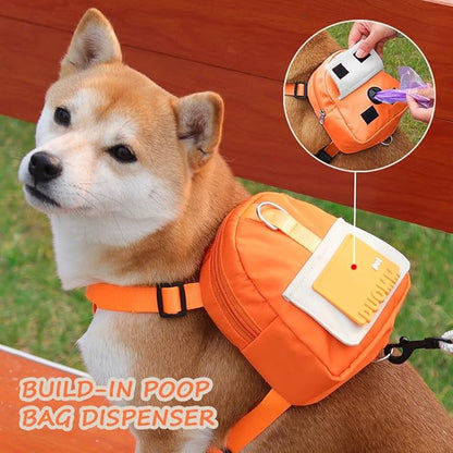 Dog Backpack Harness with Leash,Cute Pet Puppy Backpacks Bulid-in Dog Poop Bag Dispenser,Adjustable Pets Self Carrier Bag for Small Medium Dogs Travel Hiking Daily Walking(M, Orange)