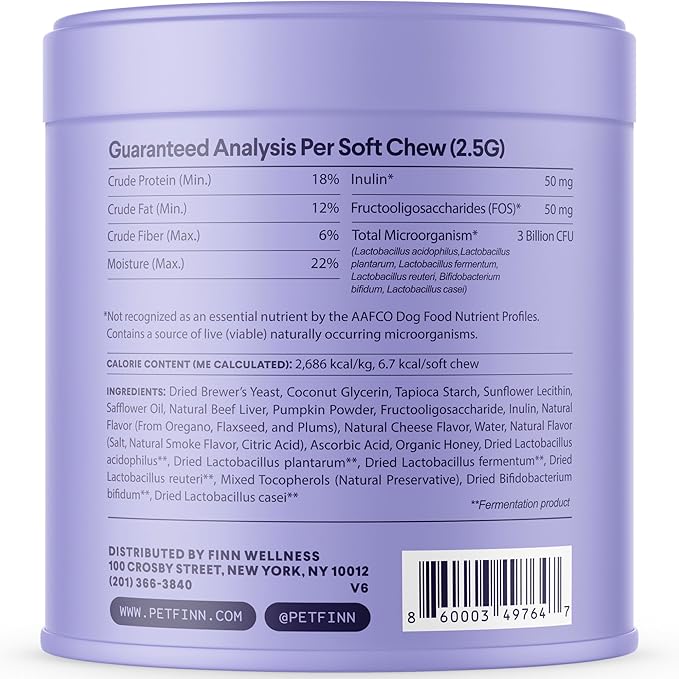 Finn Digestive Probiotics for Dogs - Complete Digestive System Support with Pumpkin, Prebiotics, & Live Probiotics - Vet Recommended & Made in The USA - 90 Soft Chews