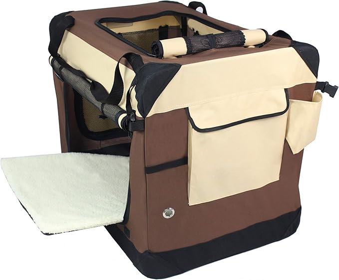 EliteField 4-Door Folding Soft Dog Crate with Curtains, Carrying Bag and Fleece Bed (2 Year Warranty), Indoor & Outdoor Pet Home (42" L x 28" W x 32" H, Brown+Beige)