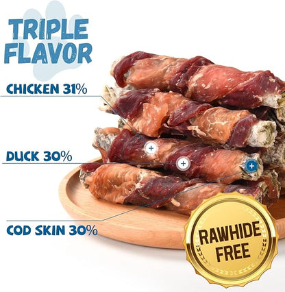 Dog Treats, Chicken Duck Wrapped Cod Skin Sticks Rawhide-Free Grain-Free Dog Chewy Treats for Dog Healthy Teeth and Coat Training Treats for Small Medium Large Dog 9-10 Counts