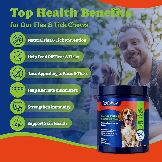 Flea and Tick Prevention for Dogs Chewable - 180 Soft Chews, Turkey & Pumpkin Flavor - Dog Flea and Tick Treatment Chewable, Natural Defense - Dog Immune Support Supplement