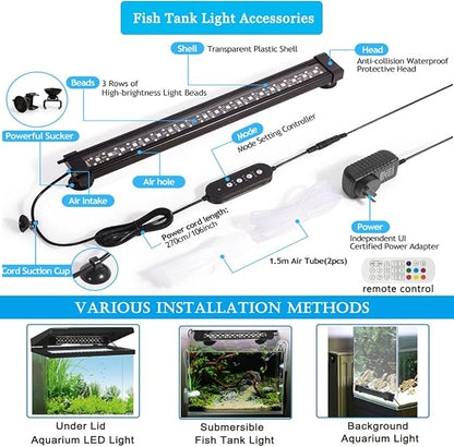 Submersible Aquarium Light for Fish Tank,24/7 Mode Full Spectrum LED Fish Tank Light with Air Bubble Hole RGB Color Changing Brightness Timer Adjustable,7.8inch 8W Fish Light