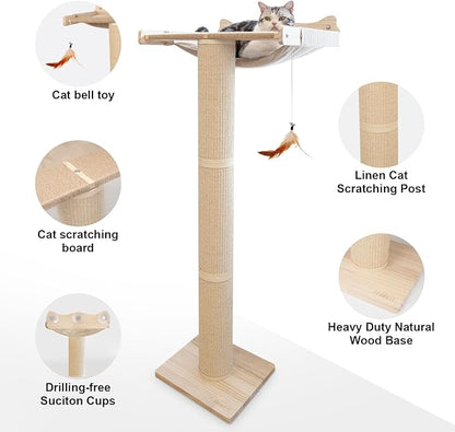 Upgraded Cat Window Perch with Scratching Post, 54.3" Adjustable Cat Tall Scratching Posts & Suction Cup – Multi-Level Perch for Climbing, Bird Watching, and Play, Supports 60 lbs (Drilling-Free)