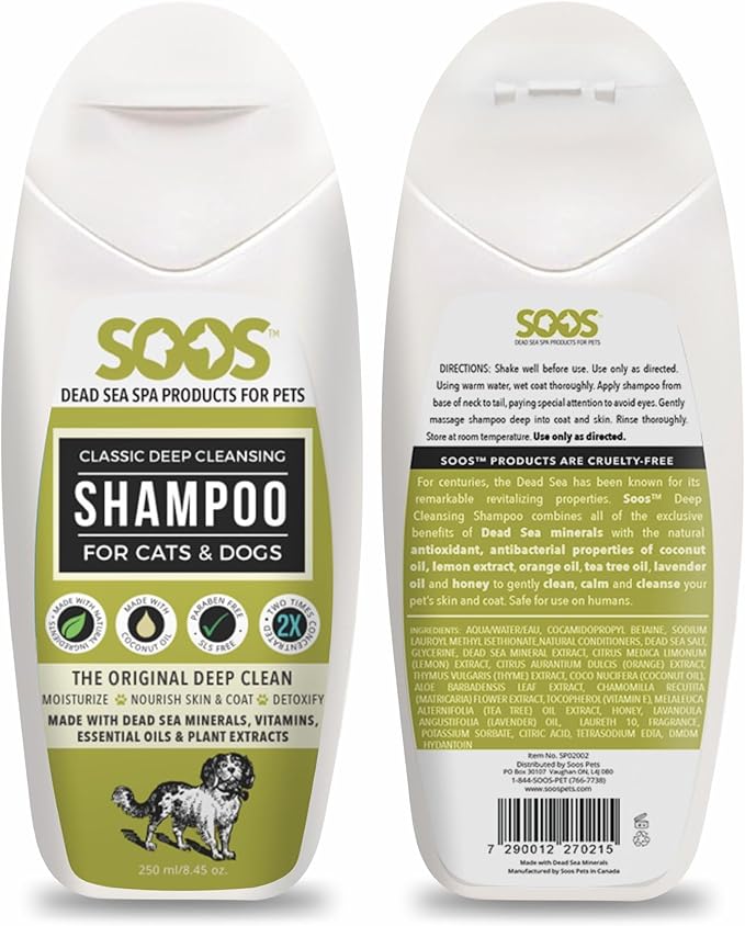 Soos Pets Dog Shampoo for Cats and Pets Natural Dead Sea Classic Deep Cleansing Fast Absorbing Coat with Vitamins Minerals Essential Oils Natural Ingredients Antib-acterial - 1x Pet Shampoo (250ml)
